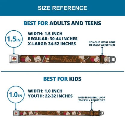 Looney Tunes Logo Full Color White Seatbelt Belt - ELMER FUDD w/Poses Browns Webbing Seatbelt Belts