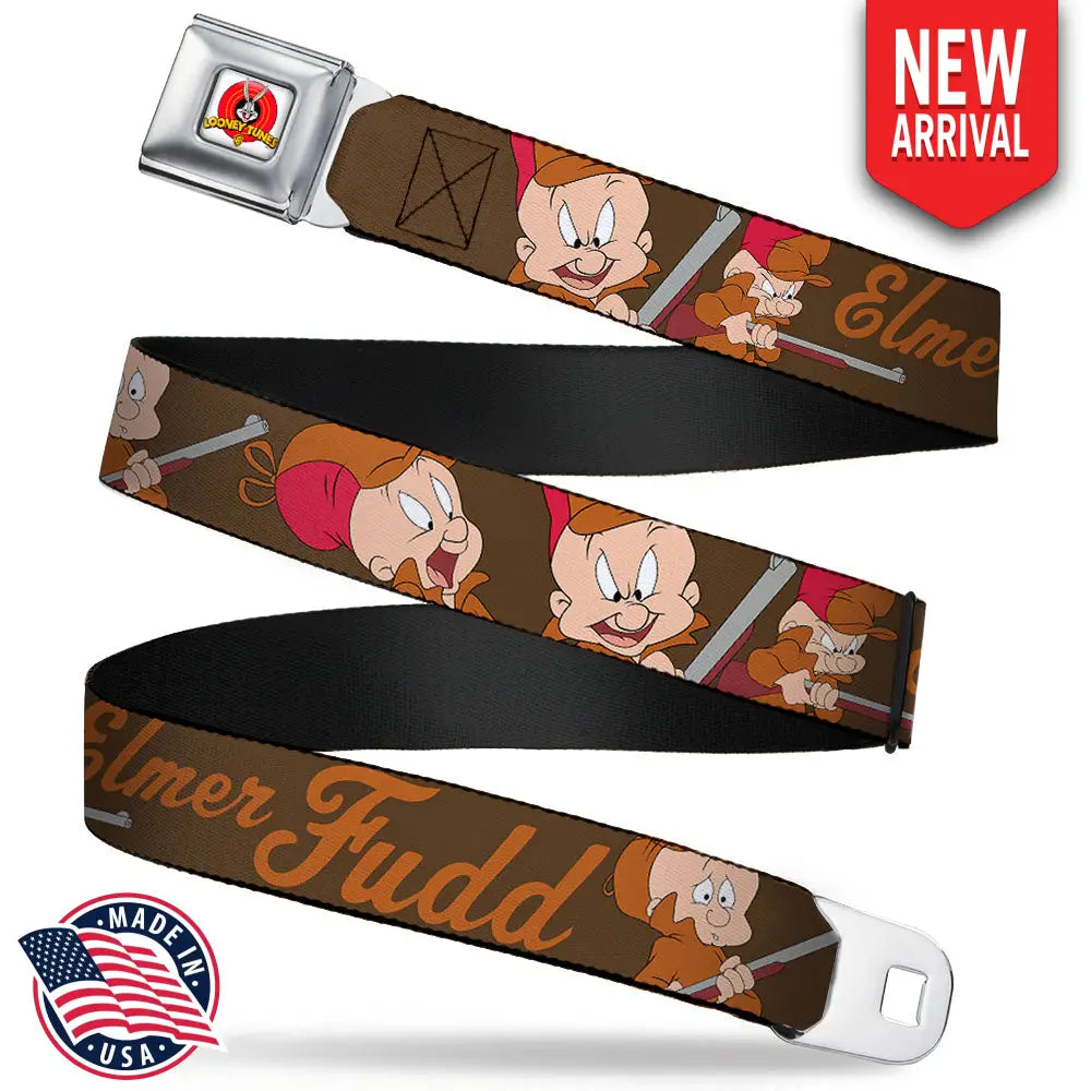 Looney Tunes Logo Full Color White Seatbelt Belt - ELMER FUDD w/Poses Browns Webbing Seatbelt Belts
