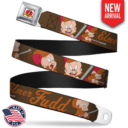 Looney Tunes Logo Full Color White Seatbelt Belt - ELMER FUDD w/Poses Browns Webbing Seatbelt Belts
