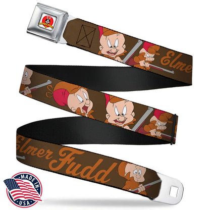 Looney Tunes Logo Full Color White Seatbelt Belt - ELMER FUDD w/Poses Browns Webbing Seatbelt Belts