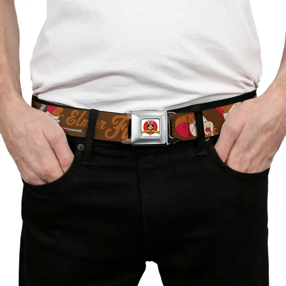 Looney Tunes Logo Full Color White Seatbelt Belt - ELMER FUDD w/Poses Browns Webbing Seatbelt Belts
