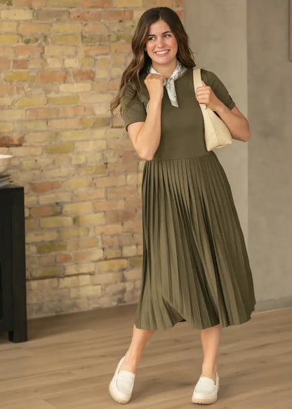 Emersyn Olive Pleated Midi Dress - FINAL SALE - IC Dresses