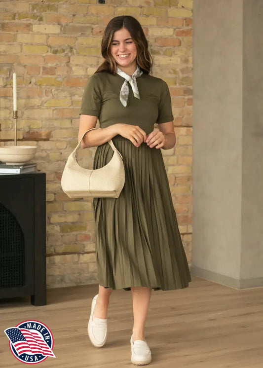 Emersyn Olive Pleated Midi Dress - FINAL SALE - IC Dresses