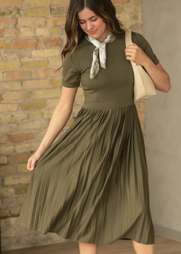 Emersyn Olive Pleated Midi Dress - FINAL SALE - IC Dresses