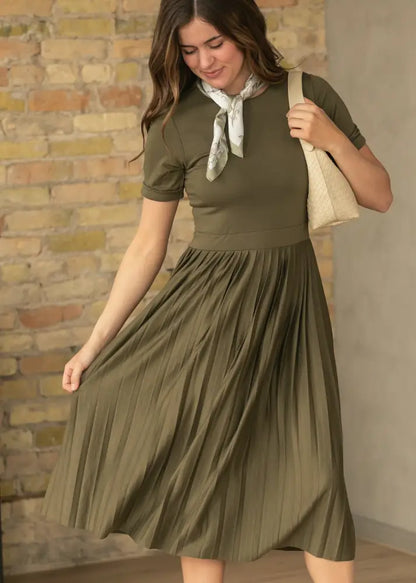 Emersyn Olive Pleated Midi Dress - FINAL SALE - IC Dresses