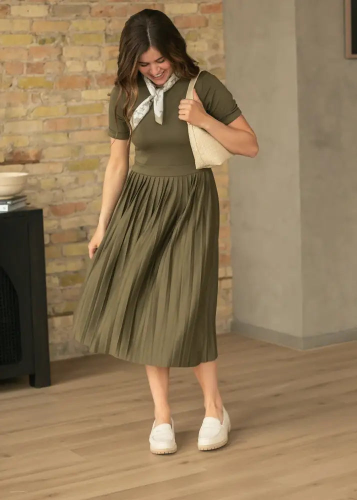 Emersyn Olive Pleated Midi Dress - FINAL SALE - IC Dresses