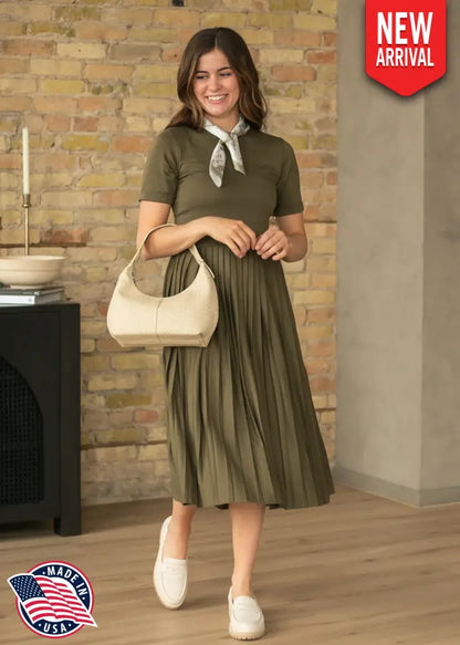 Emersyn Olive Pleated Midi Dress - FINAL SALE - IC Dresses