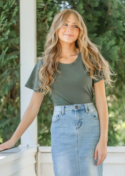 Essential Olive Flutter Sleeve Top - IC Tops