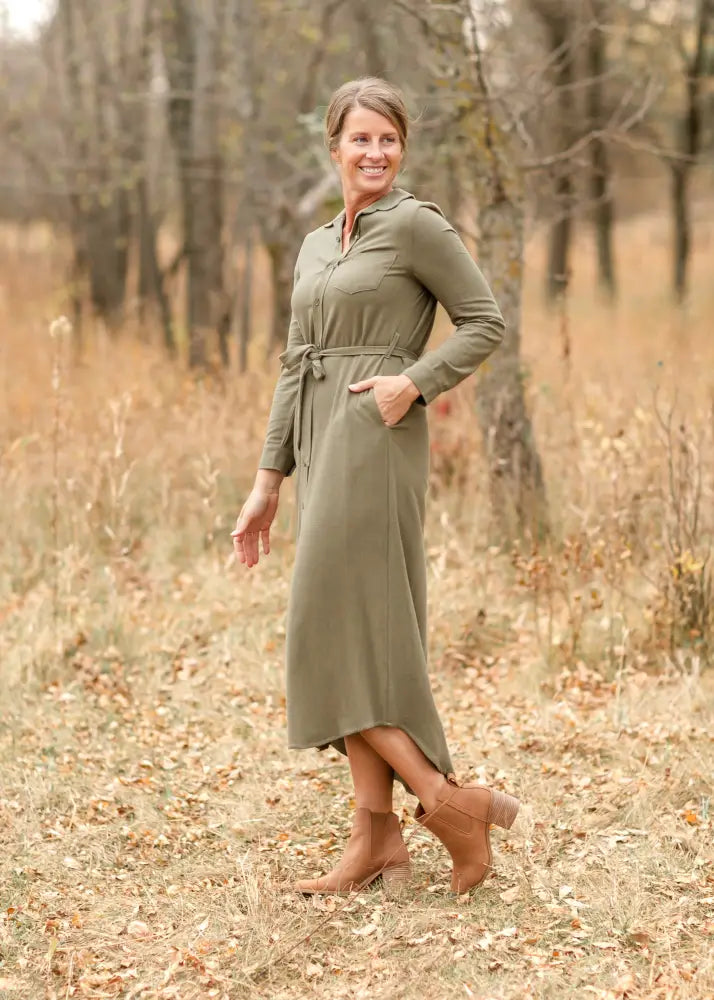Essential Olive Long Sleeve Linen Shirt Dress - FINAL SALE - IC Dresses