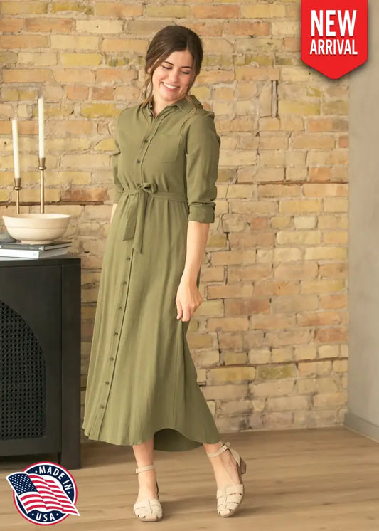 Essential Olive Long Sleeve Linen Shirt Dress - FINAL SALE - IC Dresses