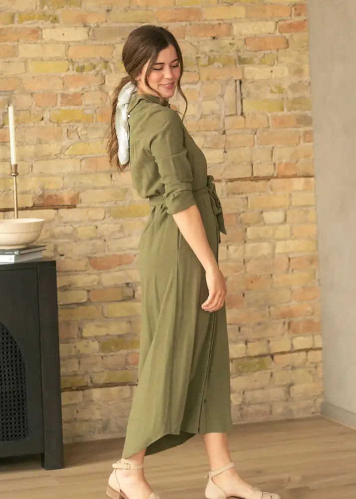 Essential Olive Long Sleeve Linen Shirt Dress - FINAL SALE - IC Dresses