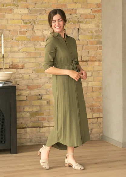 Essential Olive Long Sleeve Linen Shirt Dress - FINAL SALE - IC Dresses