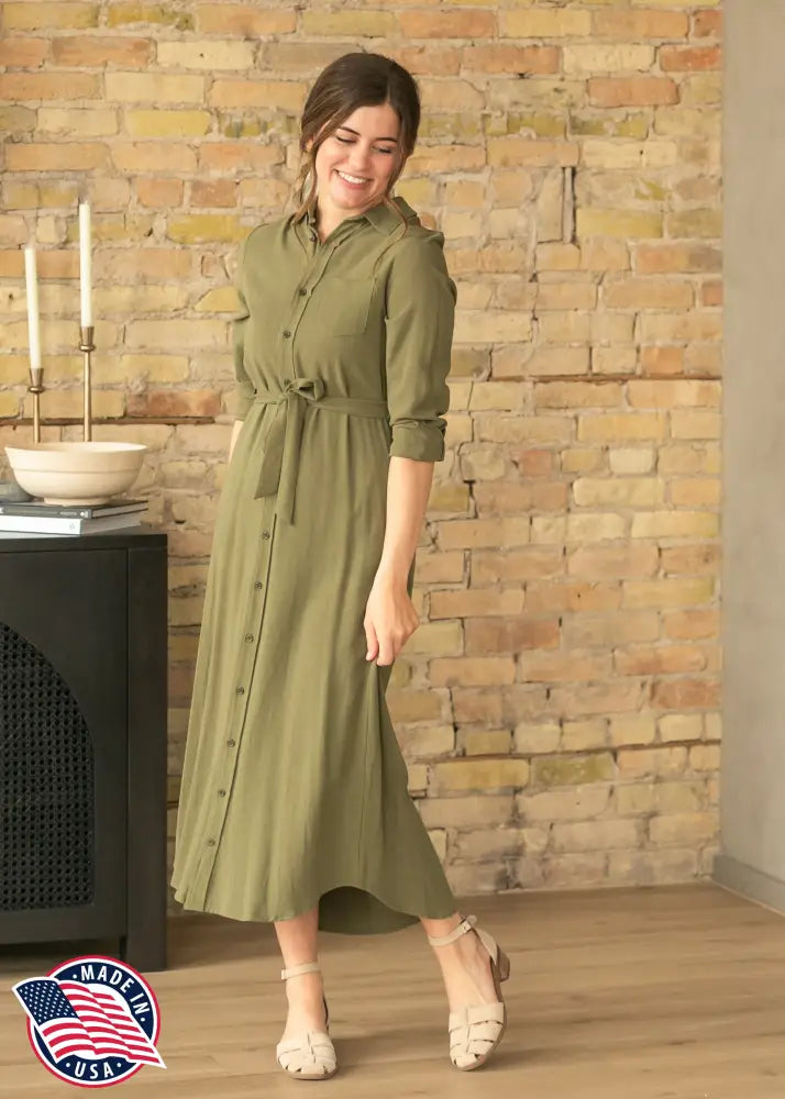 Essential Olive Long Sleeve Linen Shirt Dress - FINAL SALE - IC Dresses