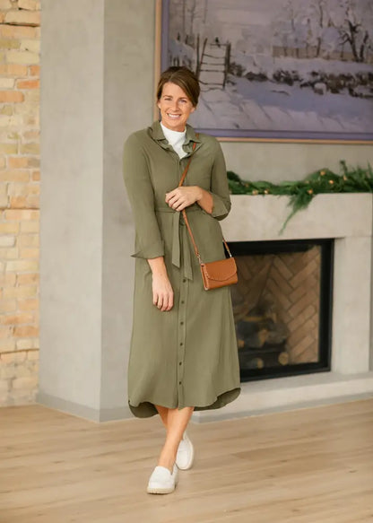 Essential Olive Long Sleeve Linen Shirt Dress - FINAL SALE - XS - IC Dresses