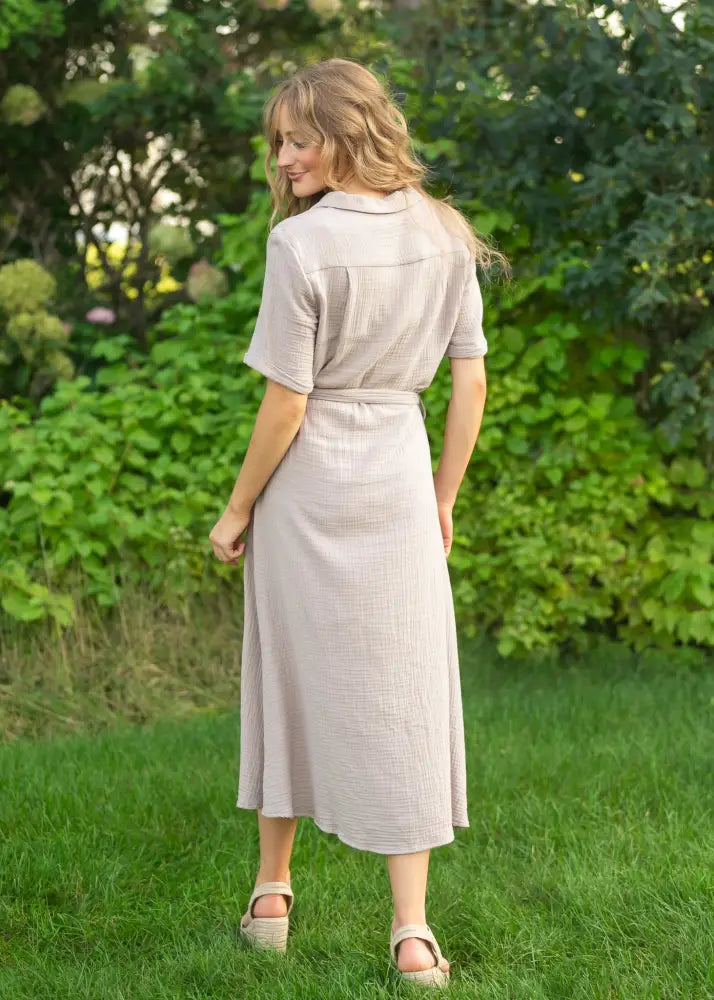 Essential Taupe Short Sleeve Gauze Shirt Dress - IC Dresses