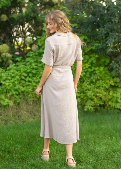 Essential Taupe Short Sleeve Gauze Shirt Dress - IC Dresses