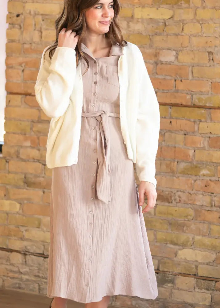 Essential Taupe Short Sleeve Gauze Shirt Dress - IC Dresses