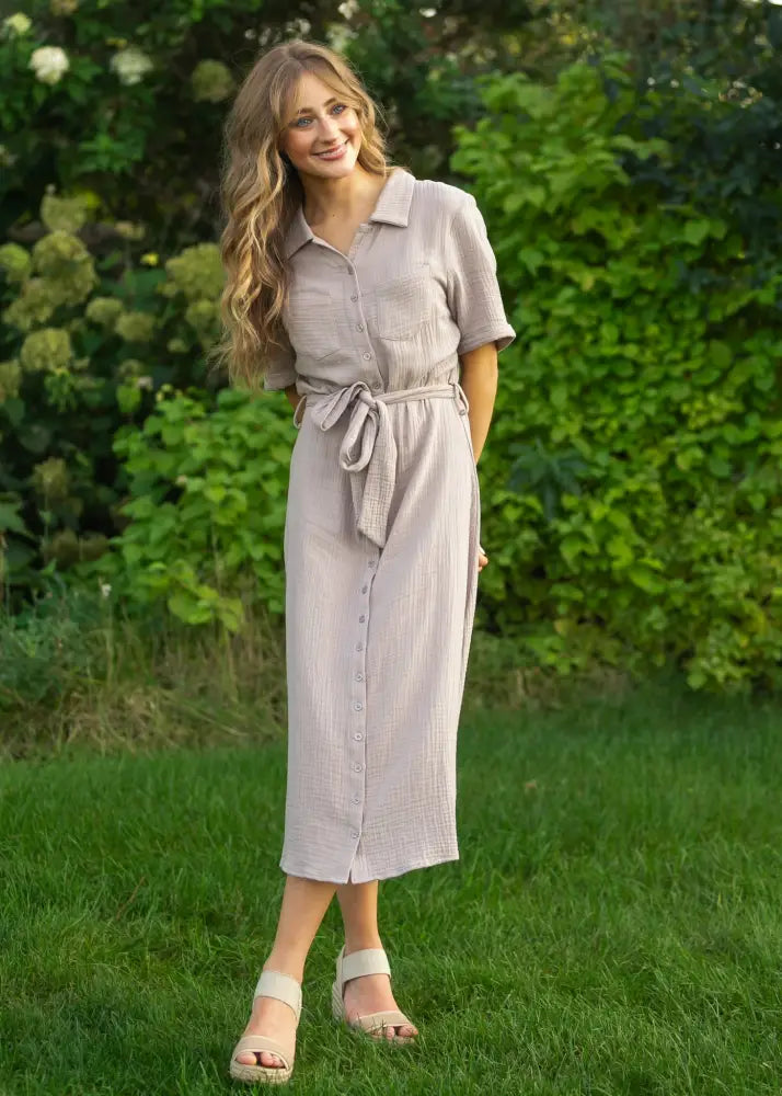 Essential Taupe Short Sleeve Gauze Shirt Dress - IC Dresses