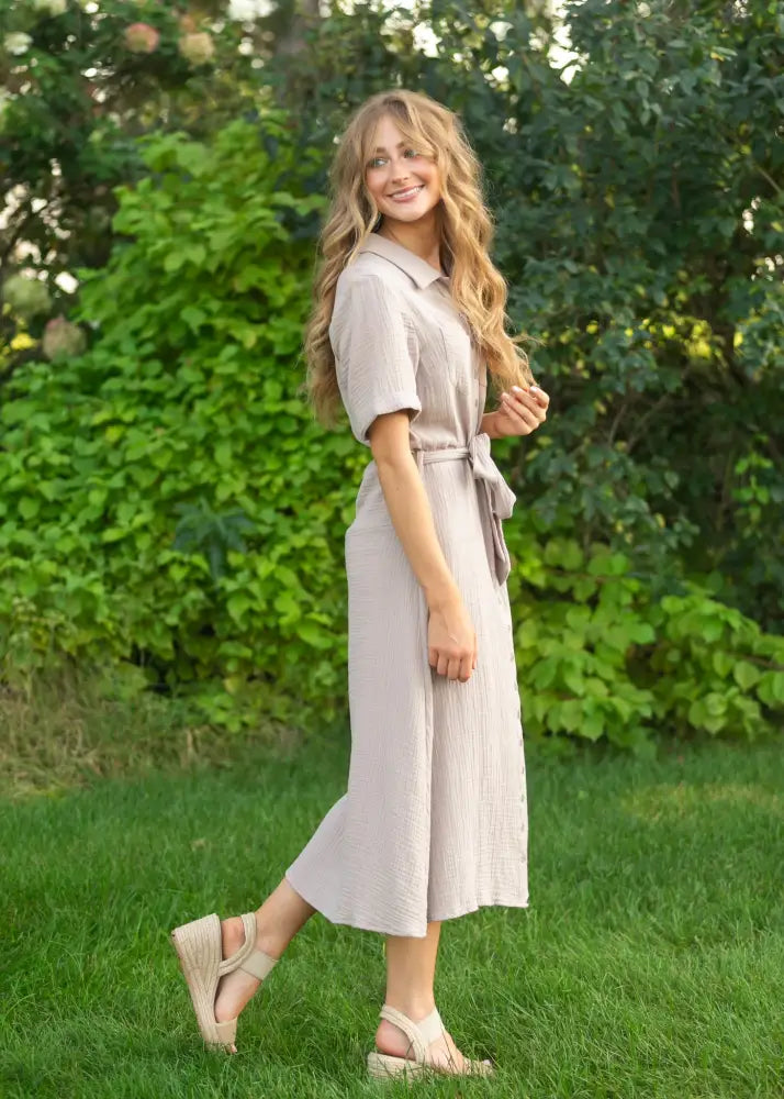 Essential Taupe Short Sleeve Gauze Shirt Dress - IC Dresses