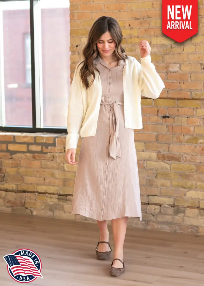 Essential Taupe Short Sleeve Gauze Shirt Dress - IC Dresses