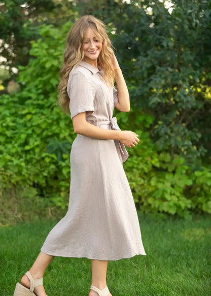 Essential Taupe Short Sleeve Gauze Shirt Dress - IC Dresses