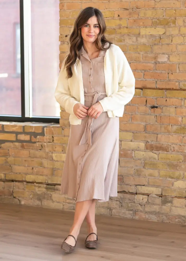 Essential Taupe Short Sleeve Gauze Shirt Dress - IC Dresses