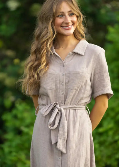 Essential Taupe Short Sleeve Gauze Shirt Dress - IC Dresses
