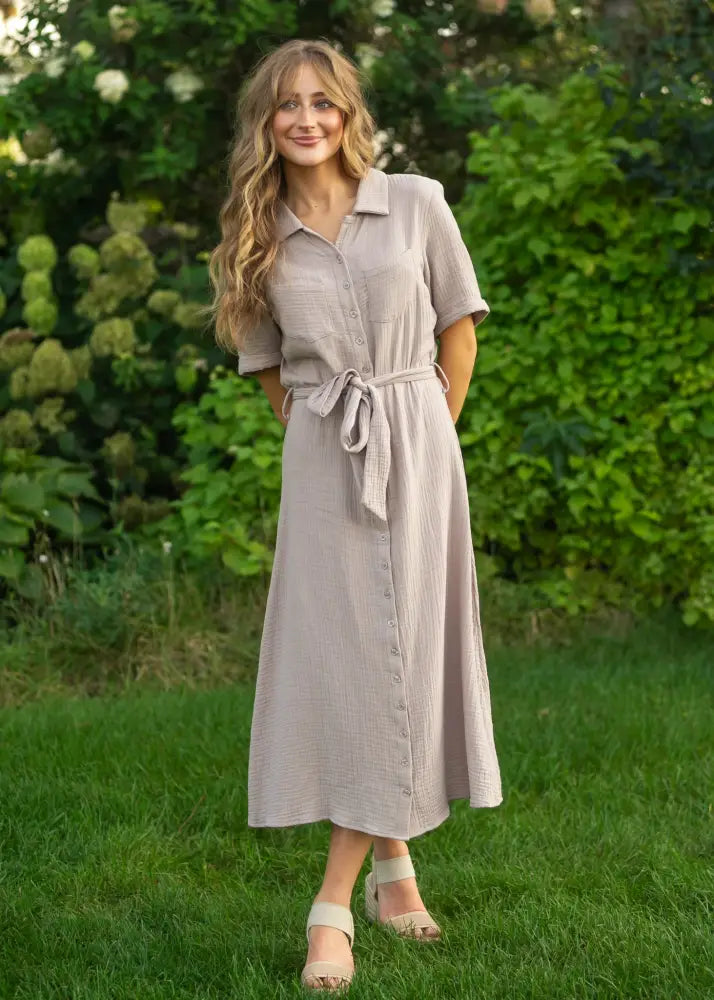 Essential Taupe Short Sleeve Gauze Shirt Dress - XS - IC Dresses