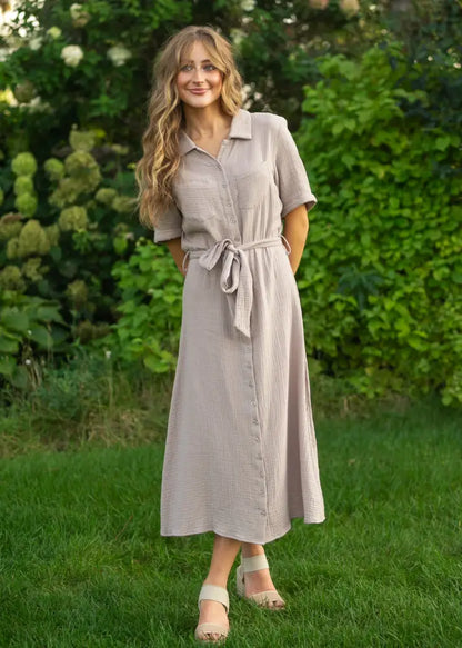 Essential Taupe Short Sleeve Gauze Shirt Dress - XS - IC Dresses