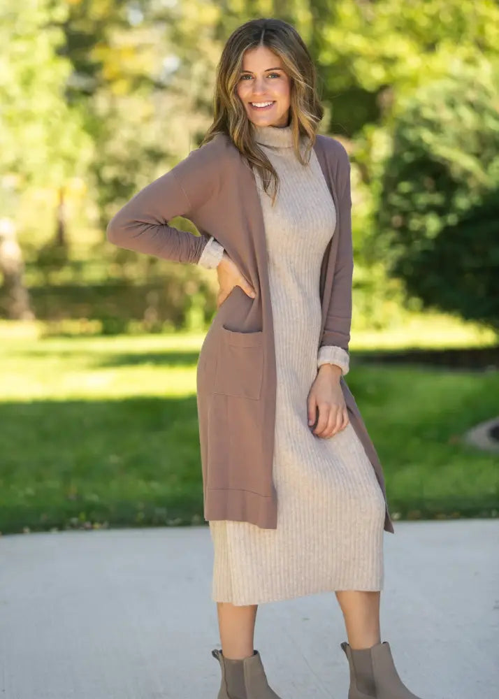 Essential Toffee Long + Soft Cardigan - XS - IC Tops
