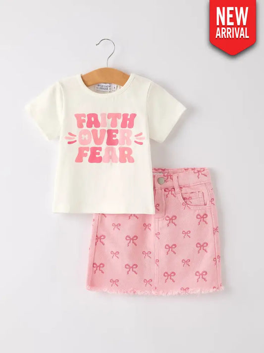Girls Set Letter T-shirt + Pink Bow Printed Denim Skirt Outfit