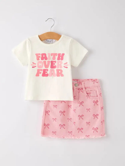 Girls Set Letter T-shirt + Pink Bow Printed Denim Skirt Outfit