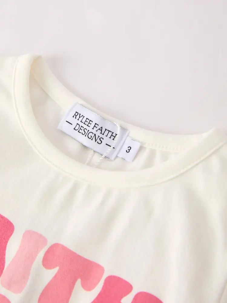 Girls Set Letter T-shirt + Pink Bow Printed Denim Skirt Outfit