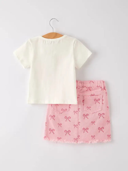 Girls Set Letter T-shirt + Pink Bow Printed Denim Skirt Outfit