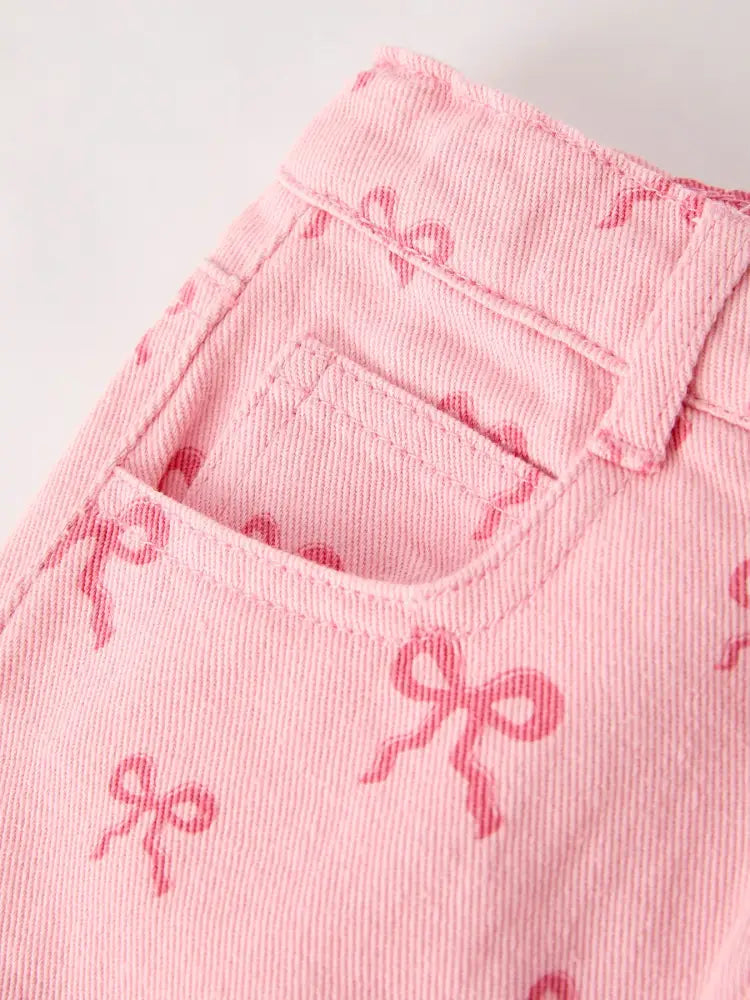 Girls Set Letter T-shirt + Pink Bow Printed Denim Skirt Outfit