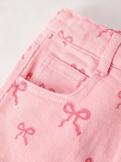 Girls Set Letter T-shirt + Pink Bow Printed Denim Skirt Outfit