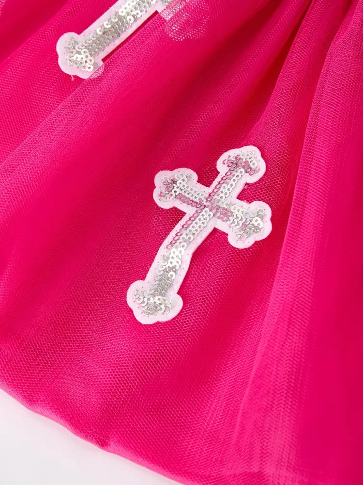 Girls Christian Outfit – Long Sleeve Faith Top & Pink Cross Mesh Skirt Outfit