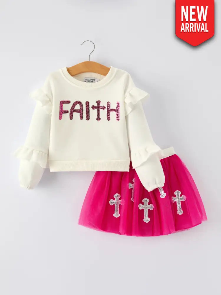Girls Christian Outfit – Long Sleeve Faith Top & Pink Cross Mesh Skirt Outfit