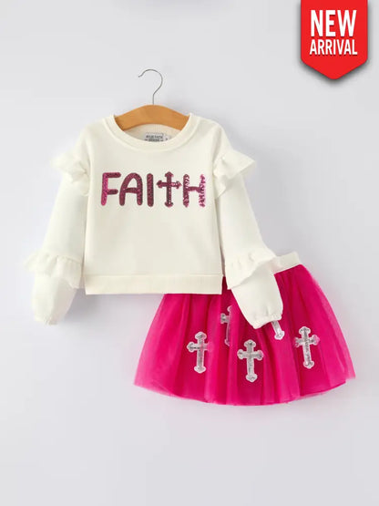 Girls Christian Outfit – Long Sleeve Faith Top & Pink Cross Mesh Skirt Outfit