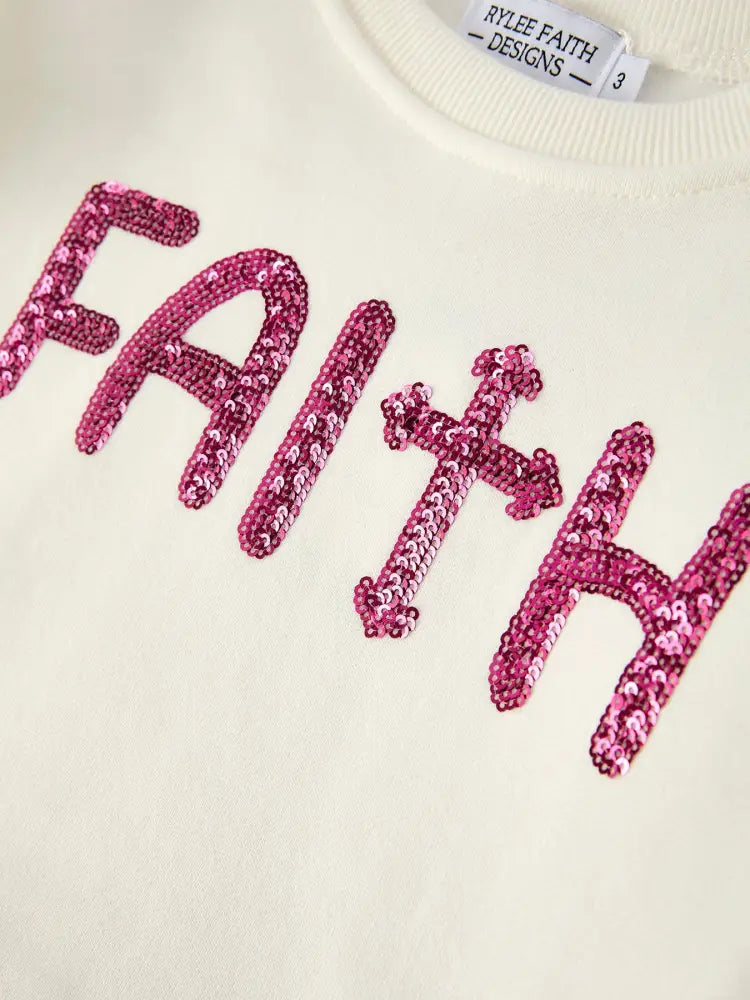 Girls Christian Outfit – Long Sleeve Faith Top & Pink Cross Mesh Skirt Outfit