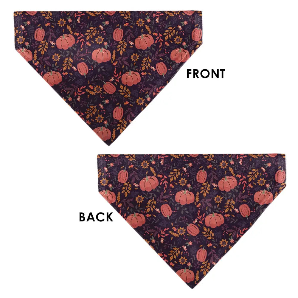 Pet Bandana - Fall Harvest Pumpkins and Flowers Collage Purples/Orange/Greens - Pet Bandanas