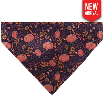Pet Bandana - Fall Harvest Pumpkins and Flowers Collage Purples/Orange/Greens - Pet Bandanas