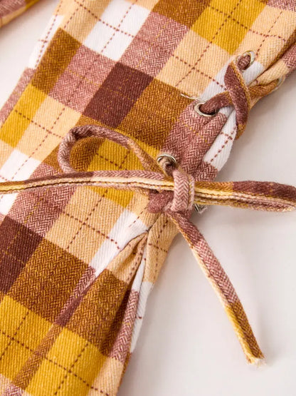 Fall Thanksgiving Brown Plaid Bow Trousers - Jeans
