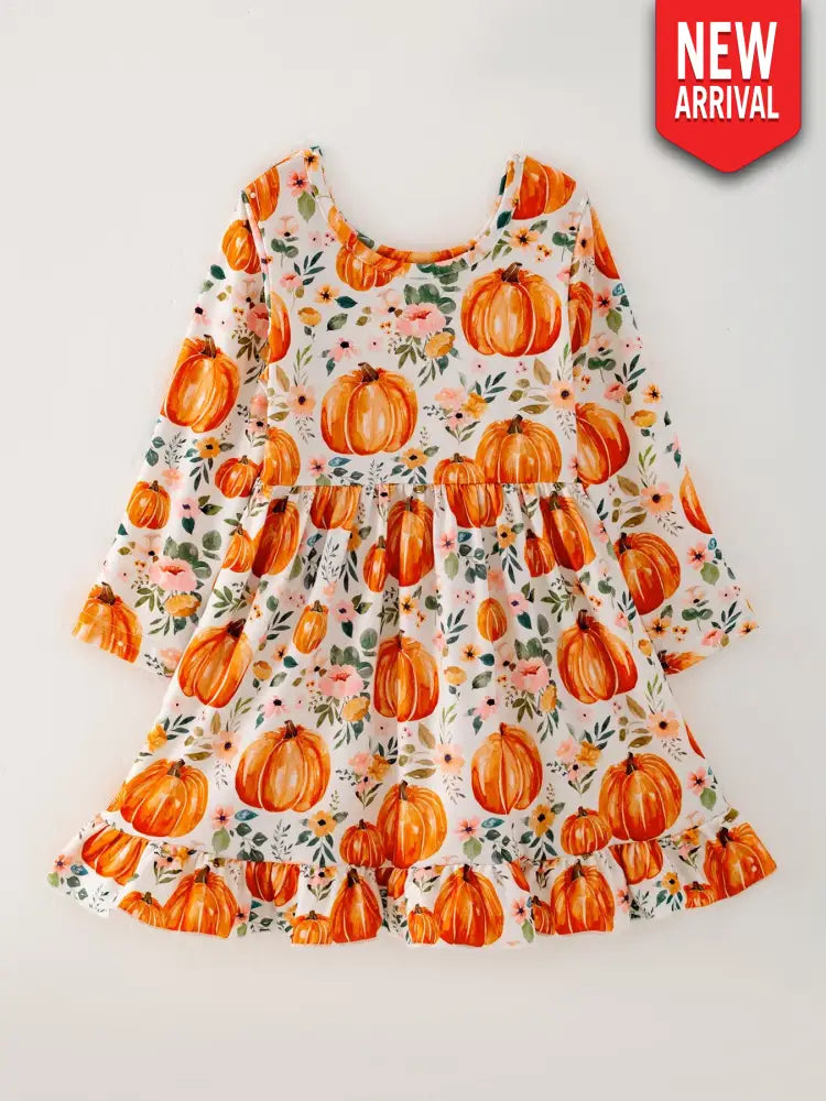 Girls FALL Pumpkin Print Long Sleeve Dress - Dress