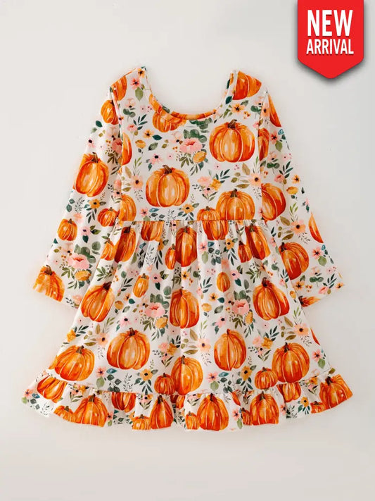 Girls FALL Pumpkin Print Long Sleeve Dress - Dress
