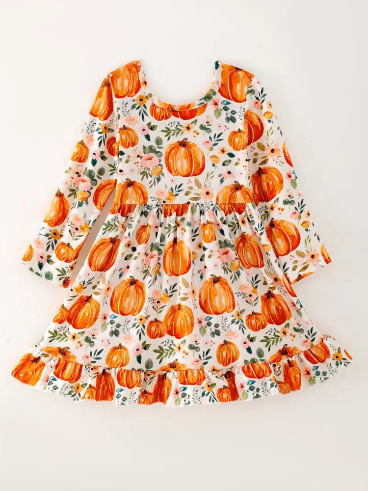Girls FALL Pumpkin Print Long Sleeve Dress - Dress