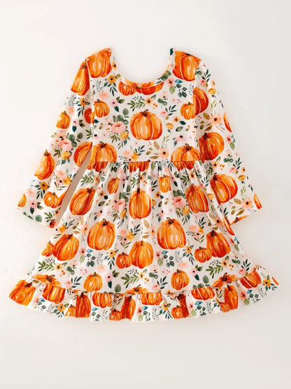 Girls FALL Pumpkin Print Long Sleeve Dress - Dress