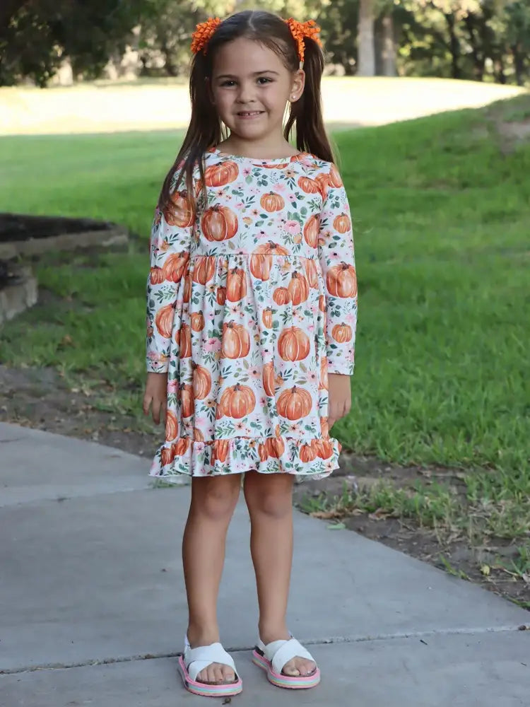 Girls FALL Pumpkin Print Long Sleeve Dress - Dress