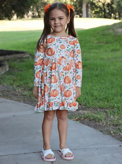 Girls FALL Pumpkin Print Long Sleeve Dress - Dress