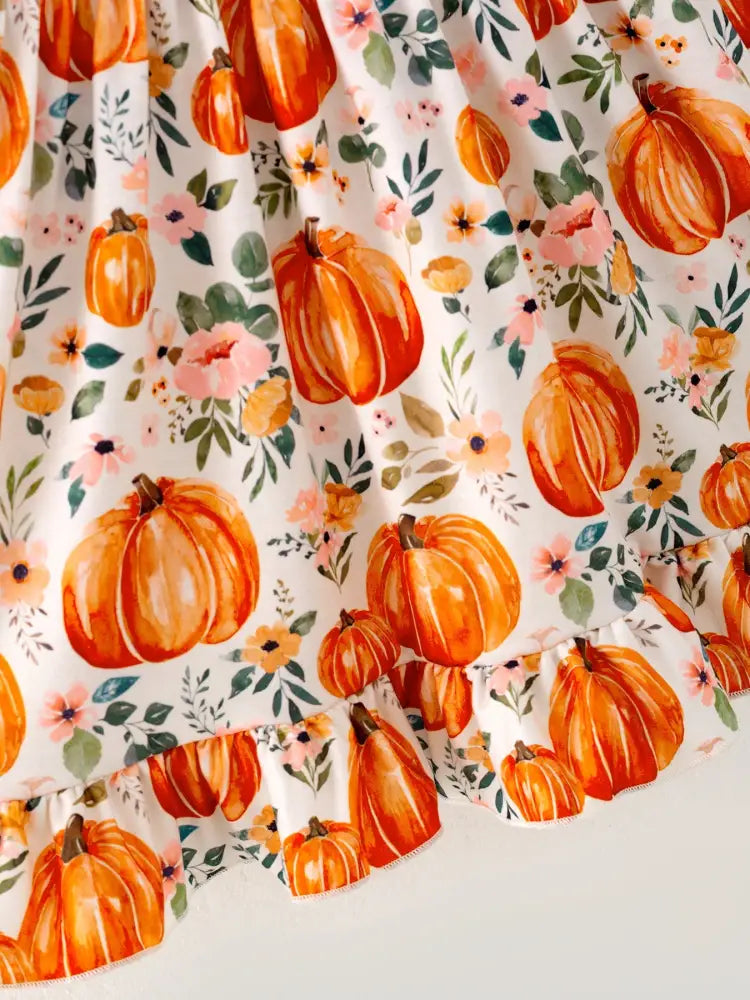 Girls FALL Pumpkin Print Long Sleeve Dress - Dress